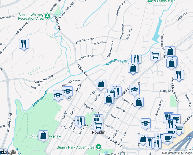 map of restaurants, bars, coffee shops, grocery stores, and more near 3425 Meadow Way in Rocklin