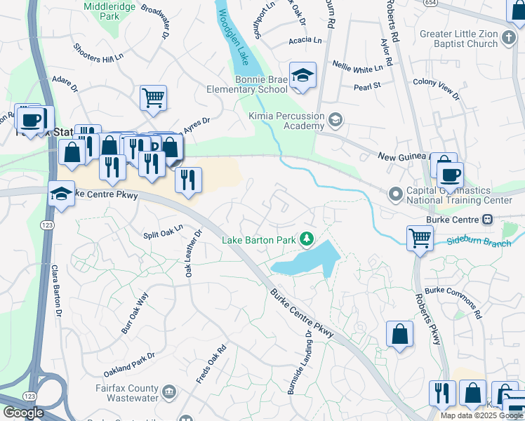 map of restaurants, bars, coffee shops, grocery stores, and more near 10655 Oak Thrush Court in Burke