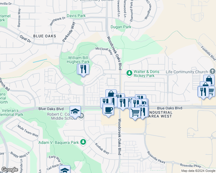 map of restaurants, bars, coffee shops, grocery stores, and more near 1264 Impressionist Loop in Roseville