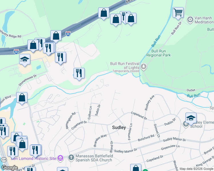 map of restaurants, bars, coffee shops, grocery stores, and more near 10350 Jamaica Lane in Manassas