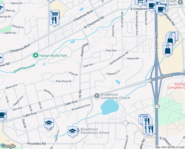 map of restaurants, bars, coffee shops, grocery stores, and more near 2501 Old Broadmoor Road in Colorado Springs