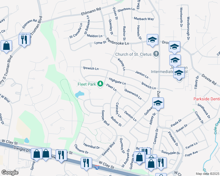 map of restaurants, bars, coffee shops, grocery stores, and more near 3335 Fleet Lane in Saint Charles