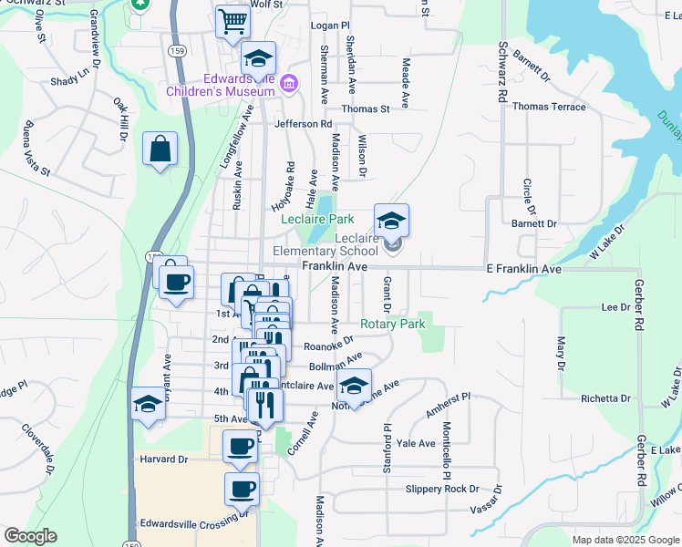 map of restaurants, bars, coffee shops, grocery stores, and more near 1204 Madison Avenue in Edwardsville