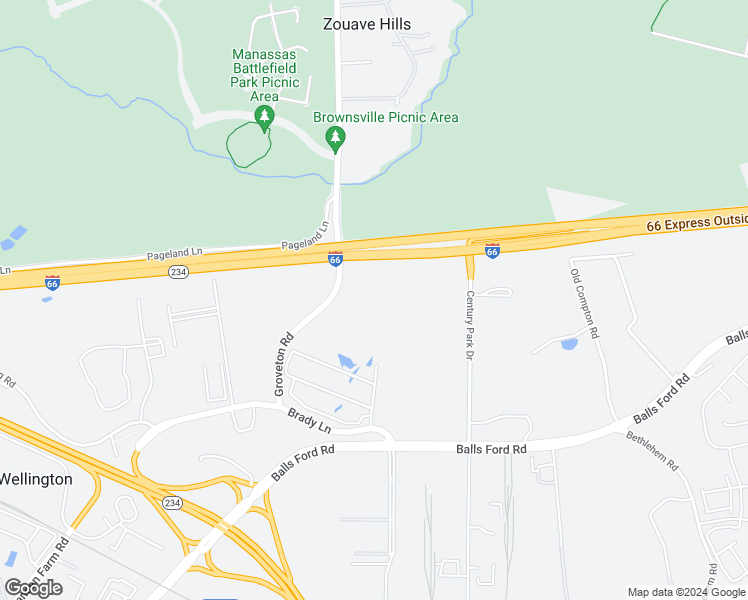 map of restaurants, bars, coffee shops, grocery stores, and more near 7301 Groveton Road in Manassas