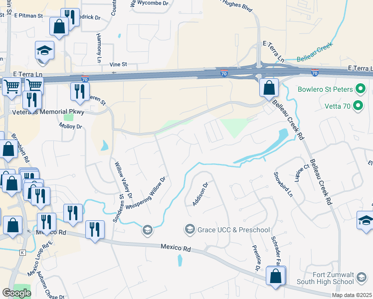 map of restaurants, bars, coffee shops, grocery stores, and more near 3 Windstone Court in O'Fallon