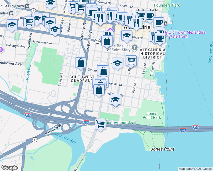 map of restaurants, bars, coffee shops, grocery stores, and more near 600 Franklin Street in Alexandria