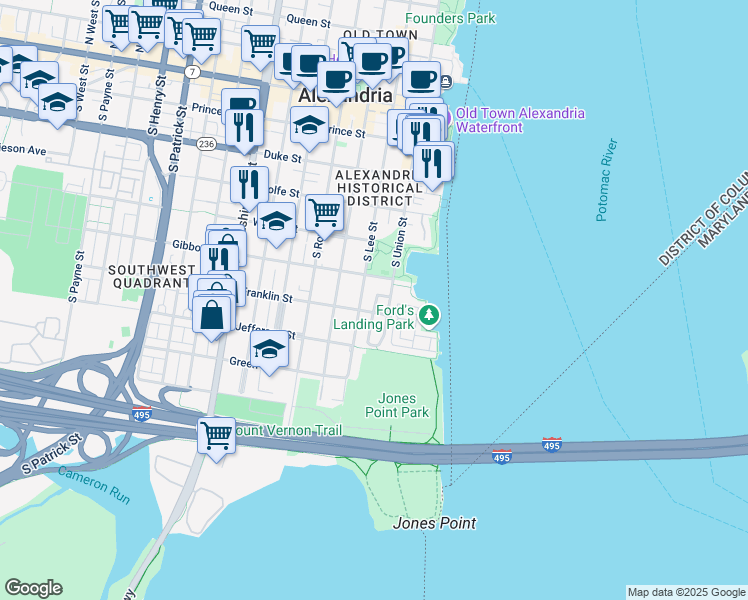 map of restaurants, bars, coffee shops, grocery stores, and more near 625 Pommander Walk Street in Alexandria