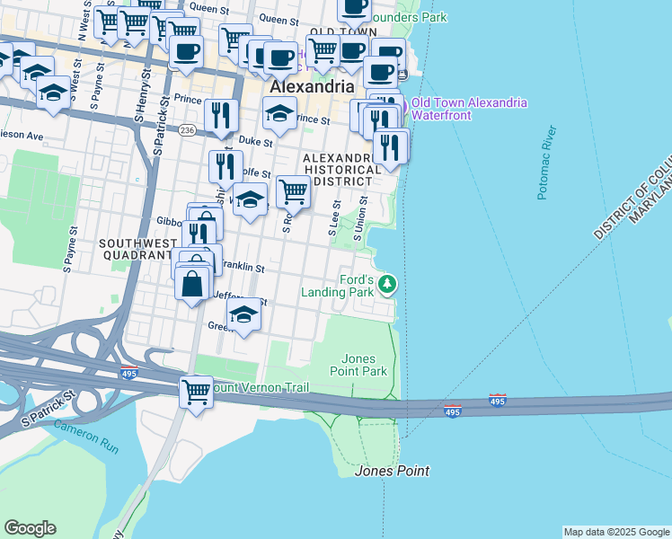 map of restaurants, bars, coffee shops, grocery stores, and more near 625 Pommander Walk Street in Alexandria