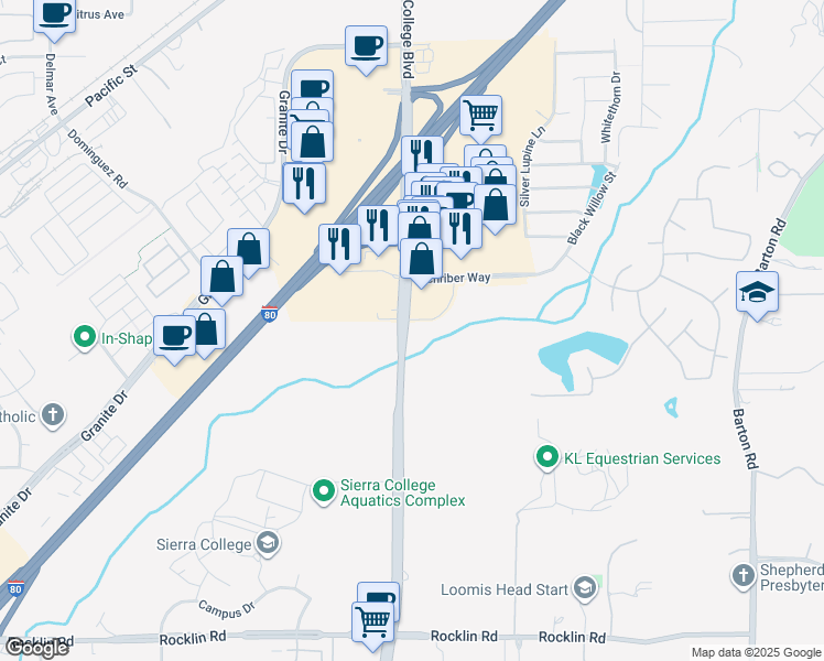 map of restaurants, bars, coffee shops, grocery stores, and more near 4993-4999 Sierra College Boulevard in Loomis