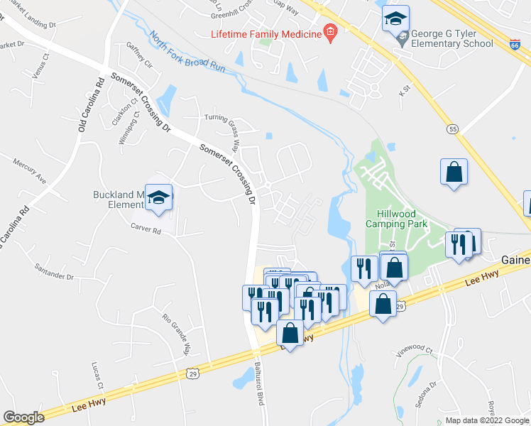 map of restaurants, bars, coffee shops, grocery stores, and more near 7378 Brunson Circle in Gainesville