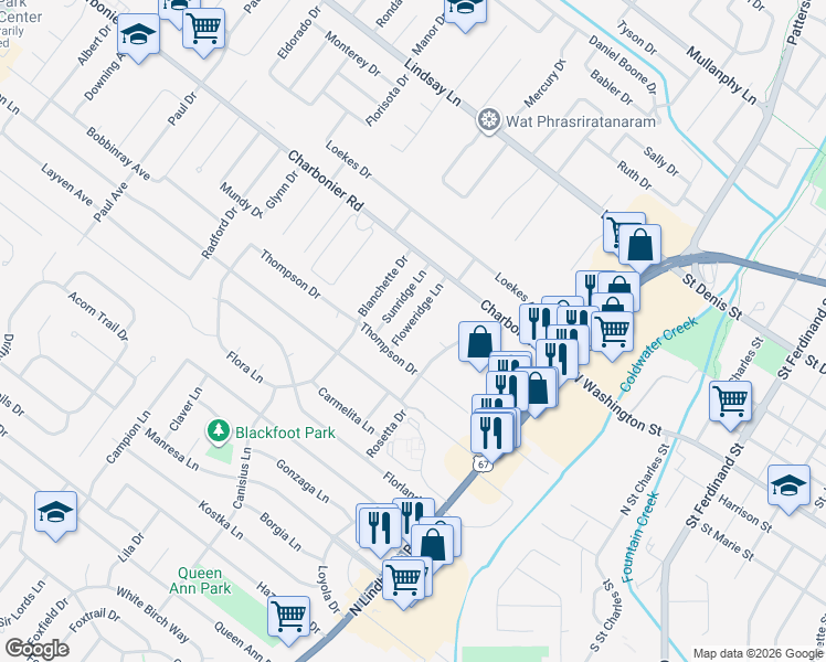 map of restaurants, bars, coffee shops, grocery stores, and more near 18 Flower Ridge Lane in Florissant