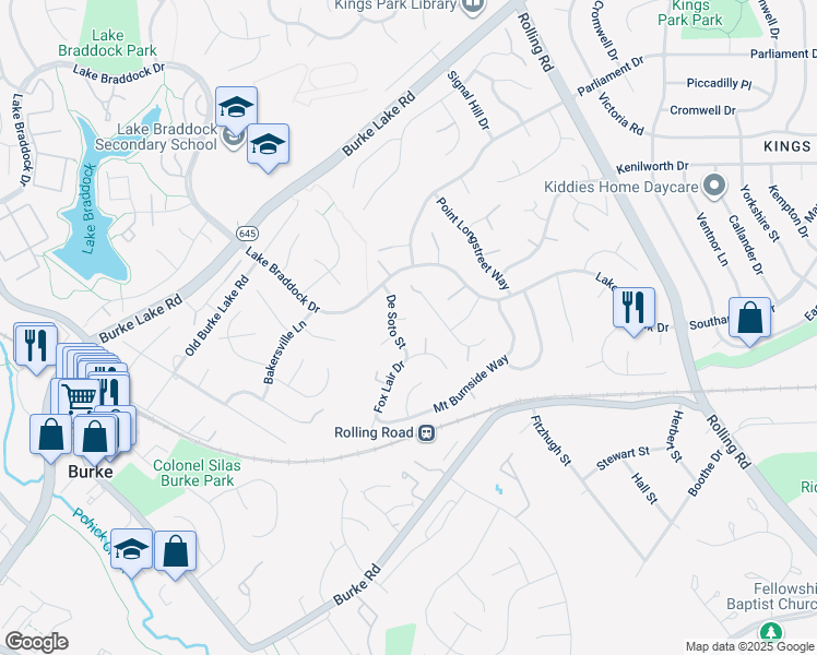map of restaurants, bars, coffee shops, grocery stores, and more near 9103 De Soto Court in Burke