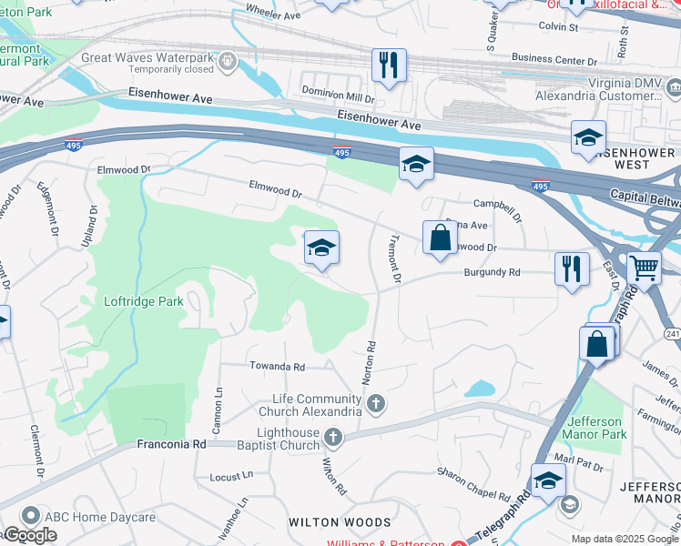 map of restaurants, bars, coffee shops, grocery stores, and more near 3700 Burgundy Road in Alexandria