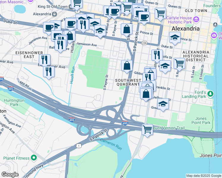 map of restaurants, bars, coffee shops, grocery stores, and more near 733 South Fayette Street in Alexandria
