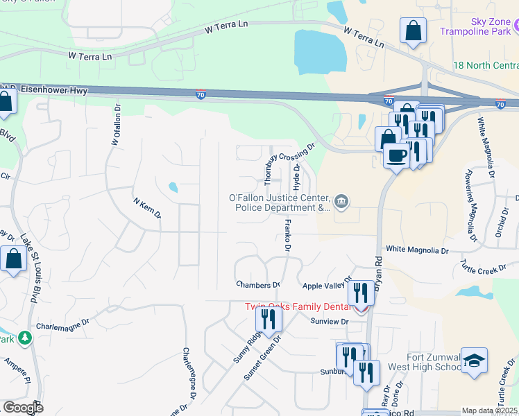 map of restaurants, bars, coffee shops, grocery stores, and more near 423 Dovedale Drive in O'Fallon