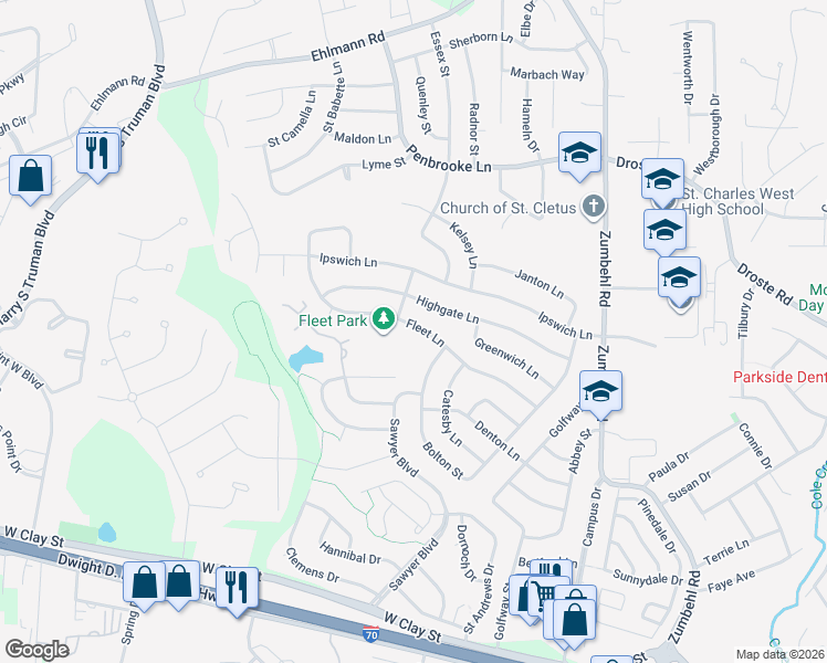 map of restaurants, bars, coffee shops, grocery stores, and more near 3339 Fleet Lane in Saint Charles