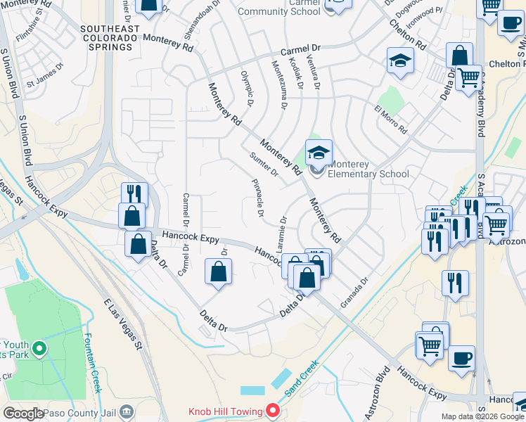 map of restaurants, bars, coffee shops, grocery stores, and more near 3024 Pinnacle Drive in Colorado Springs