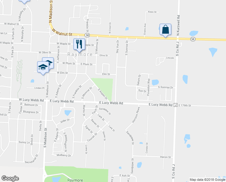 map of restaurants, bars, coffee shops, grocery stores, and more near 517 Sky Vue Drive in Raymore