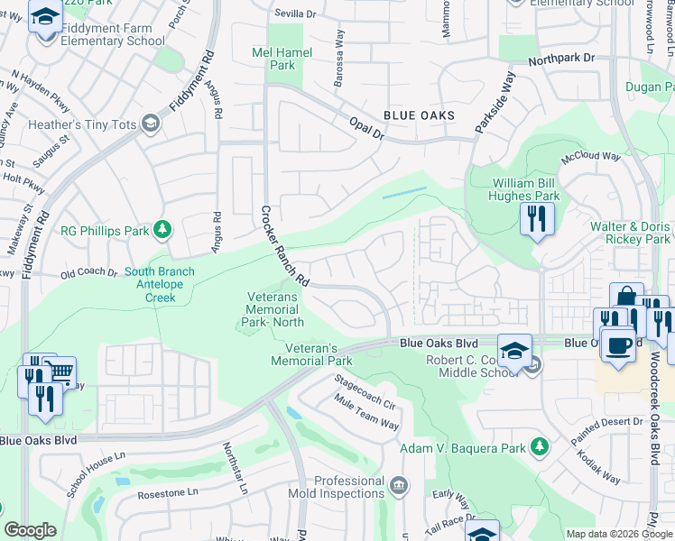 map of restaurants, bars, coffee shops, grocery stores, and more near 617 Treviso Court in Roseville