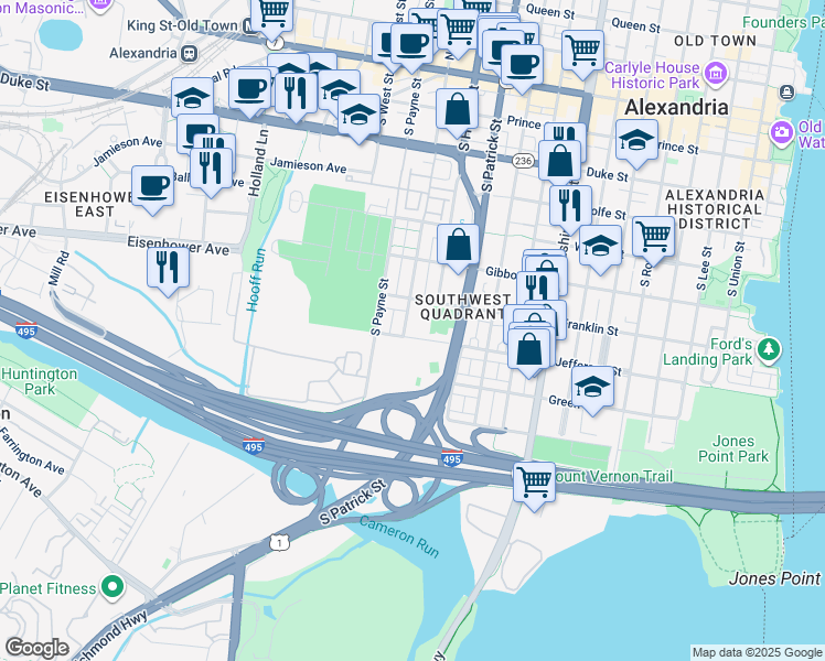 map of restaurants, bars, coffee shops, grocery stores, and more near 734 South Fayette Street in Alexandria