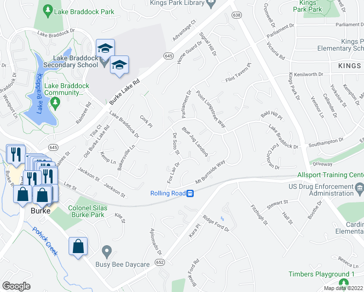 map of restaurants, bars, coffee shops, grocery stores, and more near 9103 De Soto Court in Burke