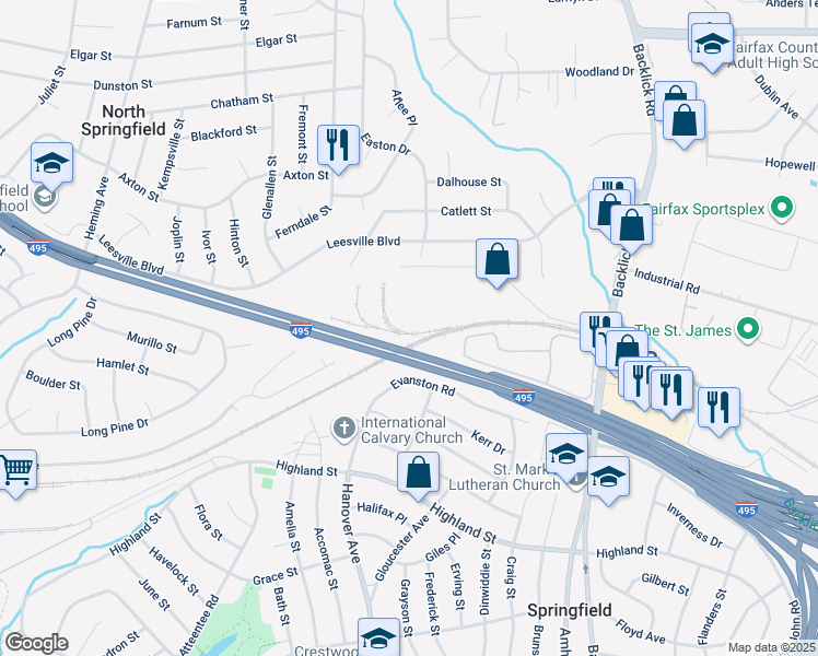 map of restaurants, bars, coffee shops, grocery stores, and more near 7171 Wimsatt Road in Springfield