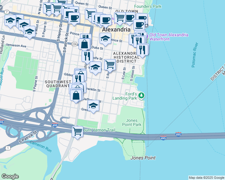 map of restaurants, bars, coffee shops, grocery stores, and more near 631 South Fairfax Street in Alexandria