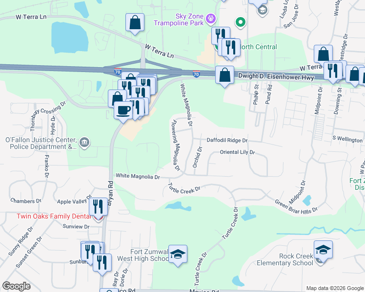 map of restaurants, bars, coffee shops, grocery stores, and more near 451 Flowering Magnolia Drive in O'Fallon