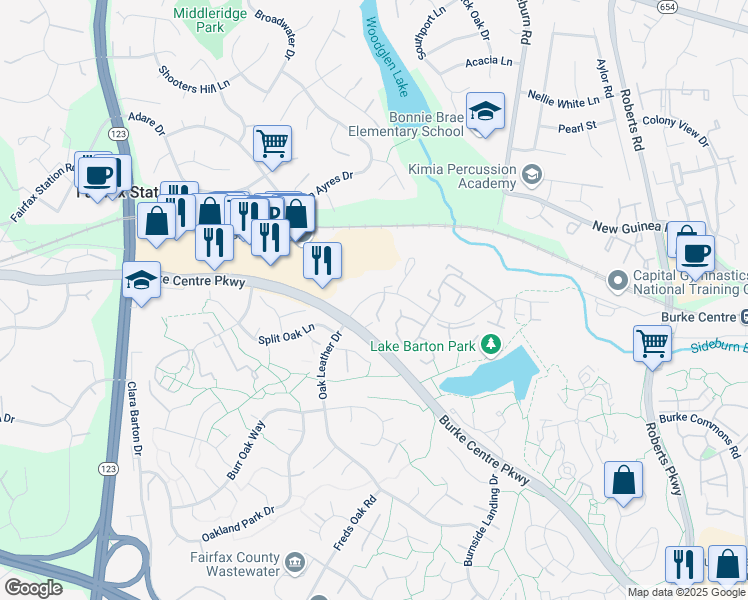map of restaurants, bars, coffee shops, grocery stores, and more near 5714 Nordeen Oak Court in Burke