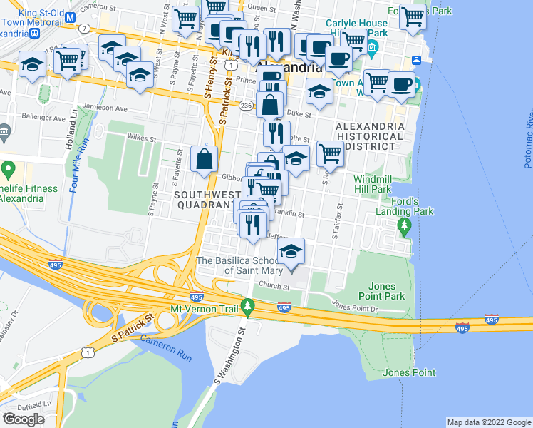 map of restaurants, bars, coffee shops, grocery stores, and more near 718 South Washington Street in Alexandria