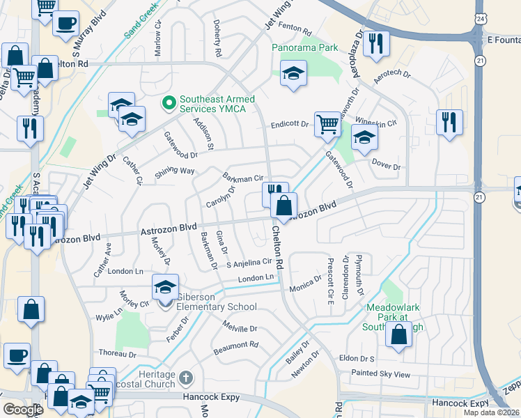 map of restaurants, bars, coffee shops, grocery stores, and more near 4510 Lamplighter Circle in Colorado Springs