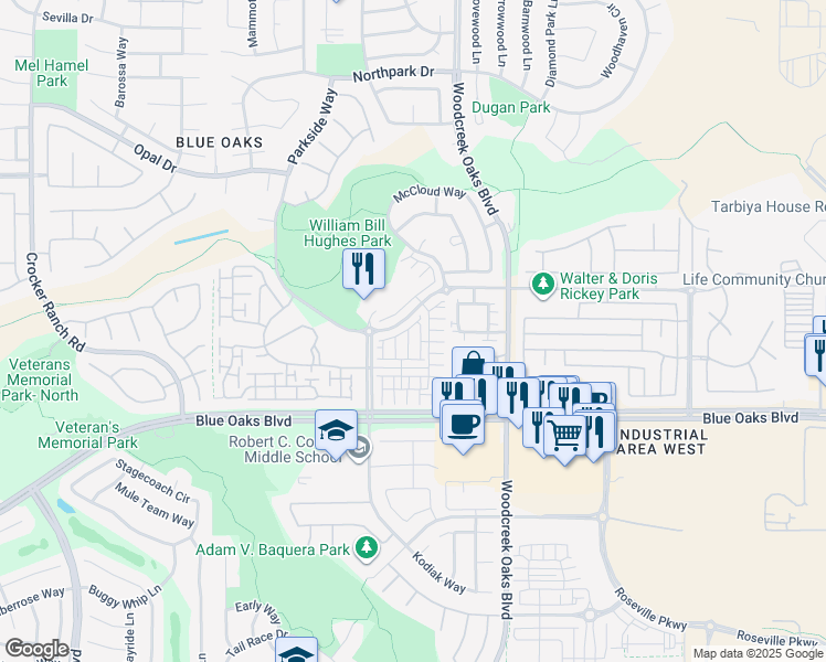 map of restaurants, bars, coffee shops, grocery stores, and more near 4056 Montcalm Place in Roseville