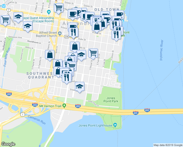 map of restaurants, bars, coffee shops, grocery stores, and more near 628 South Royal Street in Alexandria