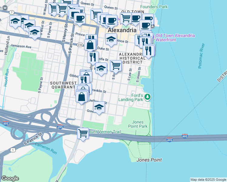 map of restaurants, bars, coffee shops, grocery stores, and more near 628 South Royal Street in Alexandria