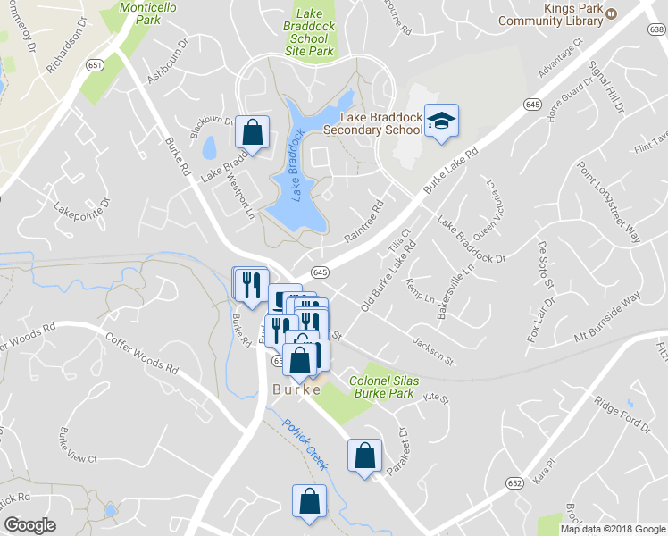 map of restaurants, bars, coffee shops, grocery stores, and more near 5696 Gaines Street in Burke