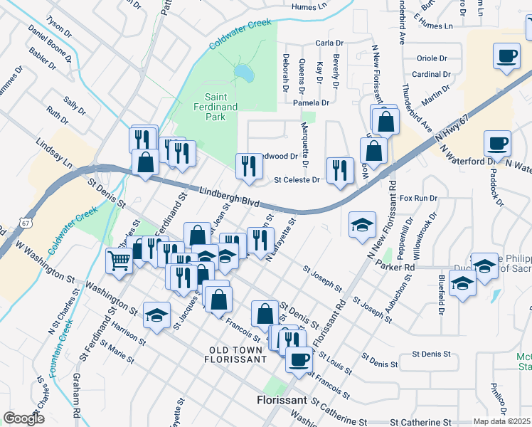 map of restaurants, bars, coffee shops, grocery stores, and more near 1065 North Jefferson Street in Florissant