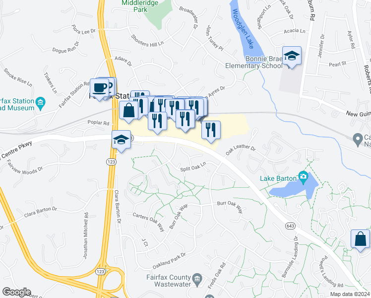 map of restaurants, bars, coffee shops, grocery stores, and more near 5705 Oak Apple Court in Burke