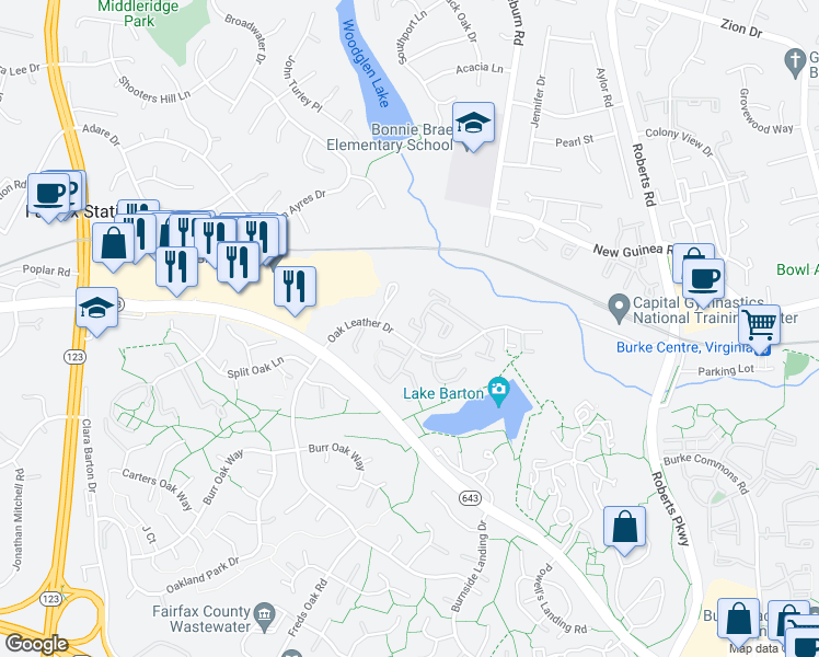 map of restaurants, bars, coffee shops, grocery stores, and more near 10659 Oak Thrush Court in Burke