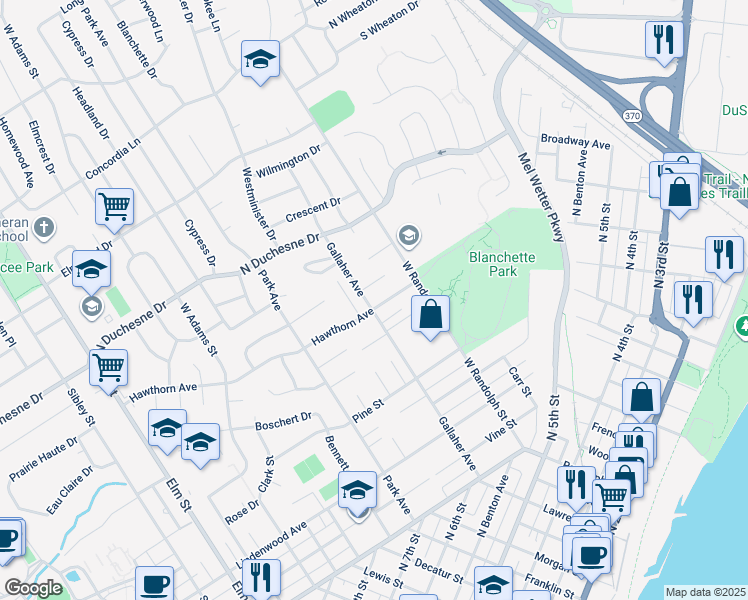 map of restaurants, bars, coffee shops, grocery stores, and more near 1012 Hawthorn Avenue in Saint Charles