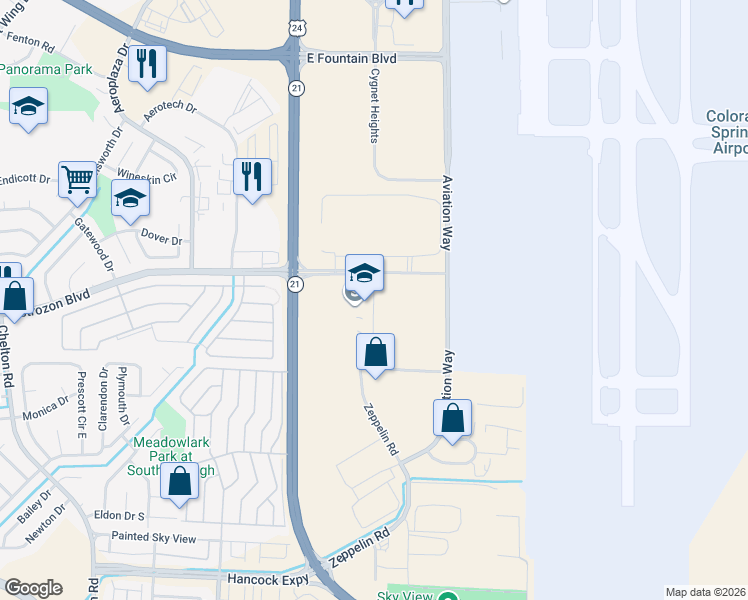 map of restaurants, bars, coffee shops, grocery stores, and more near 2515 Zeppelin Road in Colorado Springs