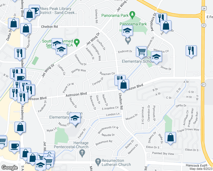 map of restaurants, bars, coffee shops, grocery stores, and more near 2455 Nadine Drive in Colorado Springs