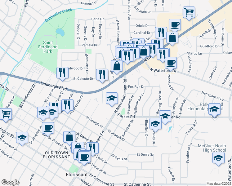 map of restaurants, bars, coffee shops, grocery stores, and more near 1425 North New Florissant Road in Florissant