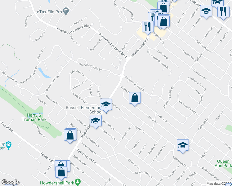 map of restaurants, bars, coffee shops, grocery stores, and more near 2050 Yaqui Drive in Florissant