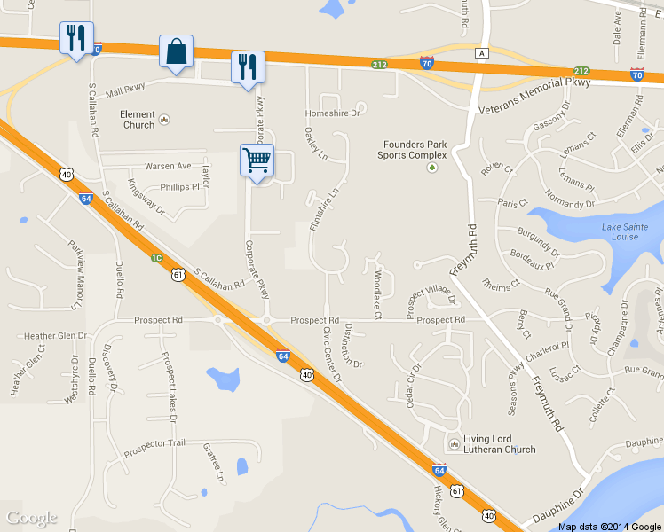 map of restaurants, bars, coffee shops, grocery stores, and more near 1334 Flintshire Lane in Lake Saint Louis