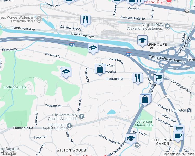 map of restaurants, bars, coffee shops, grocery stores, and more near 3410 Burgundy Road in Alexandria