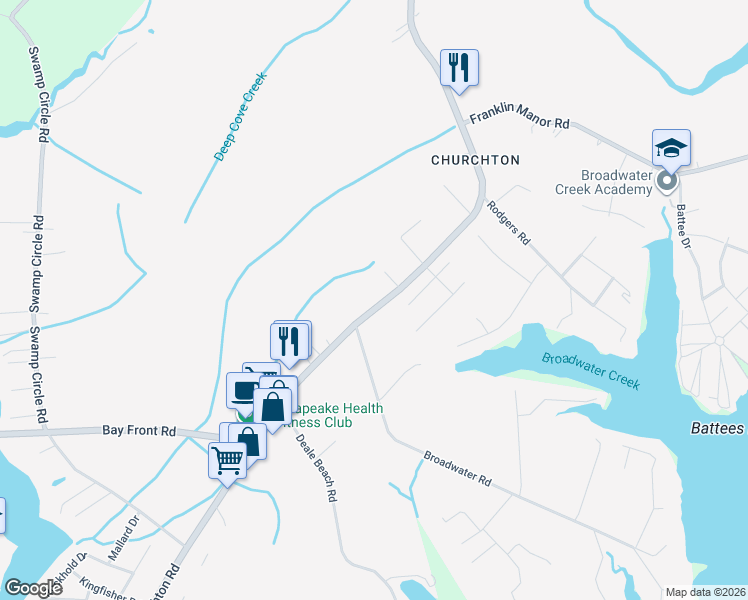 map of restaurants, bars, coffee shops, grocery stores, and more near 5644 Deale Churchton Road in Deale