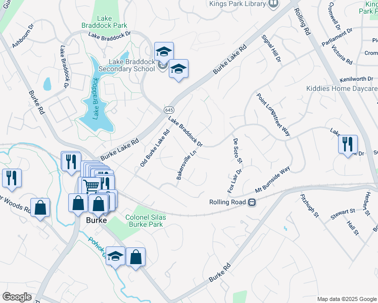 map of restaurants, bars, coffee shops, grocery stores, and more near 5606 Bakersville Lane in Burke