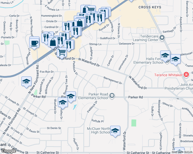 map of restaurants, bars, coffee shops, grocery stores, and more near 8 Count Fleet Circle in Florissant