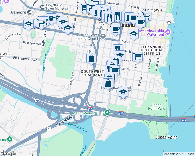 map of restaurants, bars, coffee shops, grocery stores, and more near 713 South Alfred Street in Alexandria