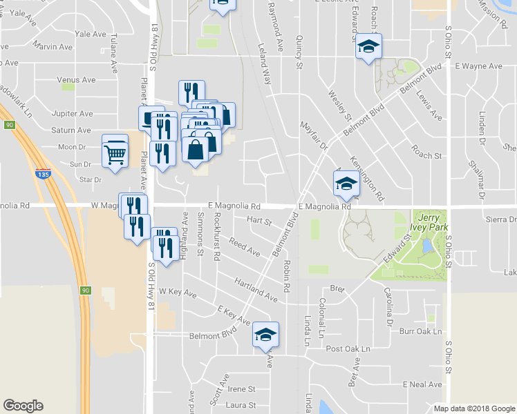 map of restaurants, bars, coffee shops, grocery stores, and more near 362 East Magnolia Road in Salina
